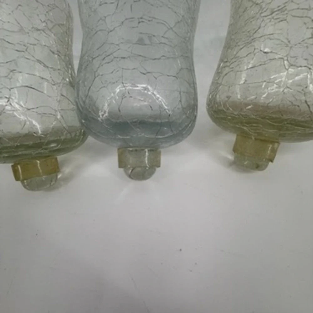 Vintage Crackle Glass Hurricane Candle Shades Set of 3 Brass Rim Peg Base Clear